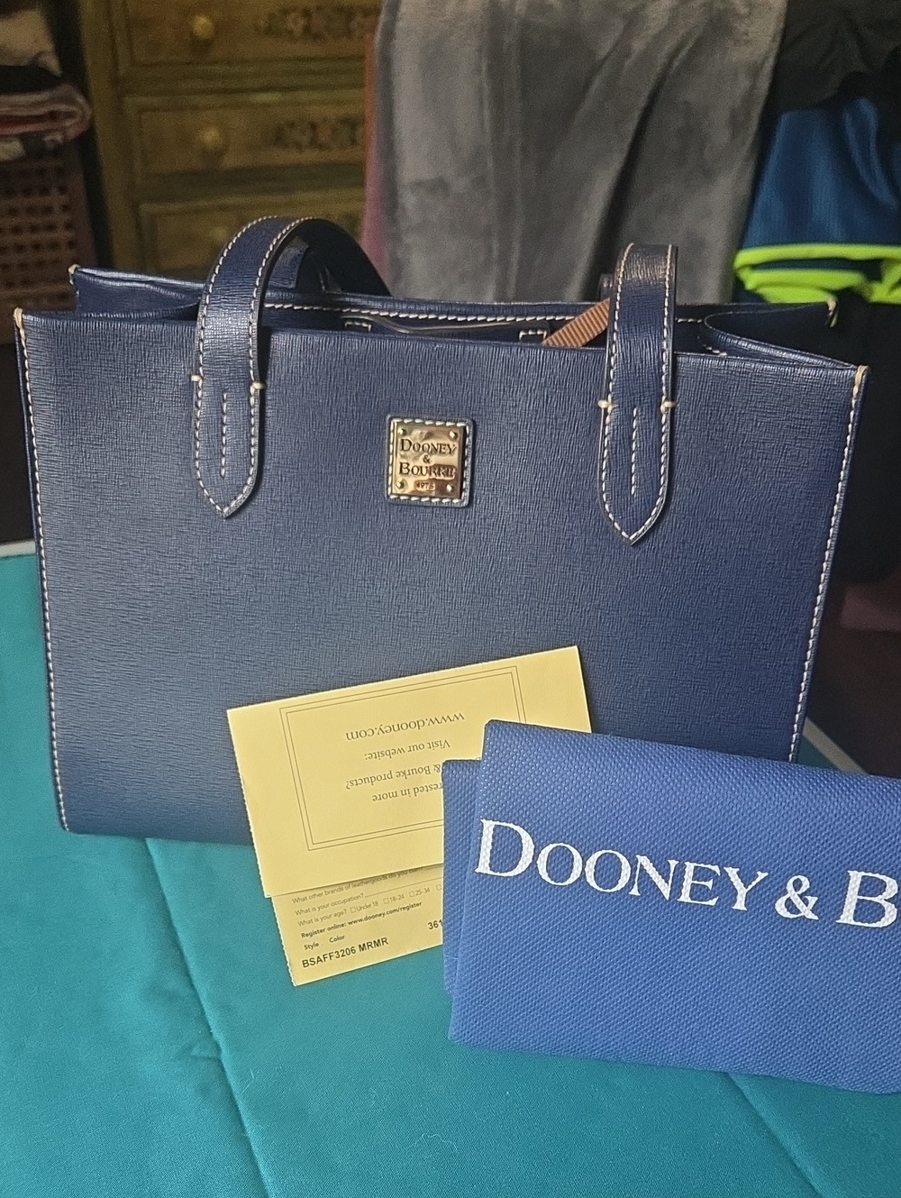 Dooney & Bourke Navy Textured Leather Tote with Gold Plaque